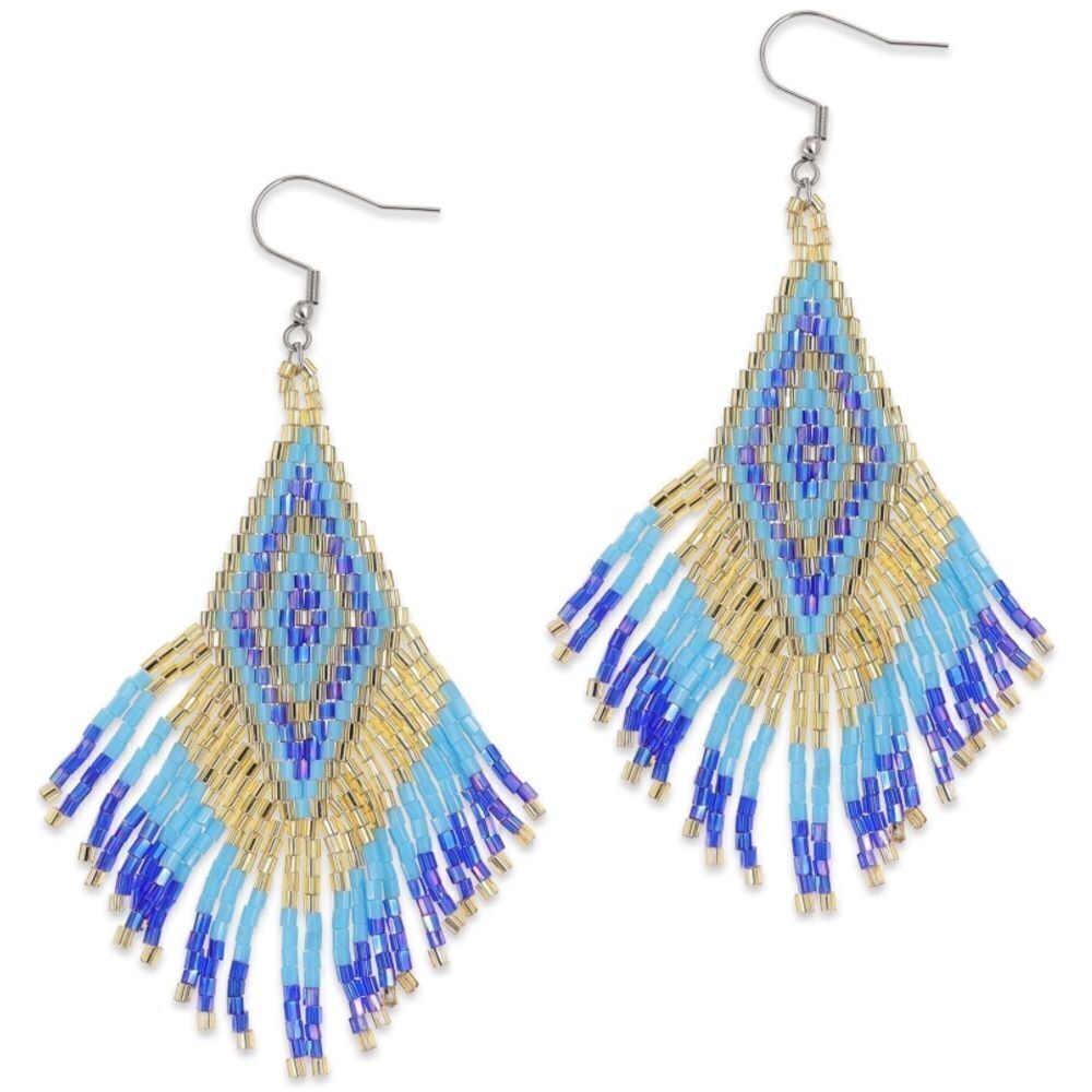 Southwestern Boho Seed Bead Tassel Dangling Statement French Wire Hook Earrings